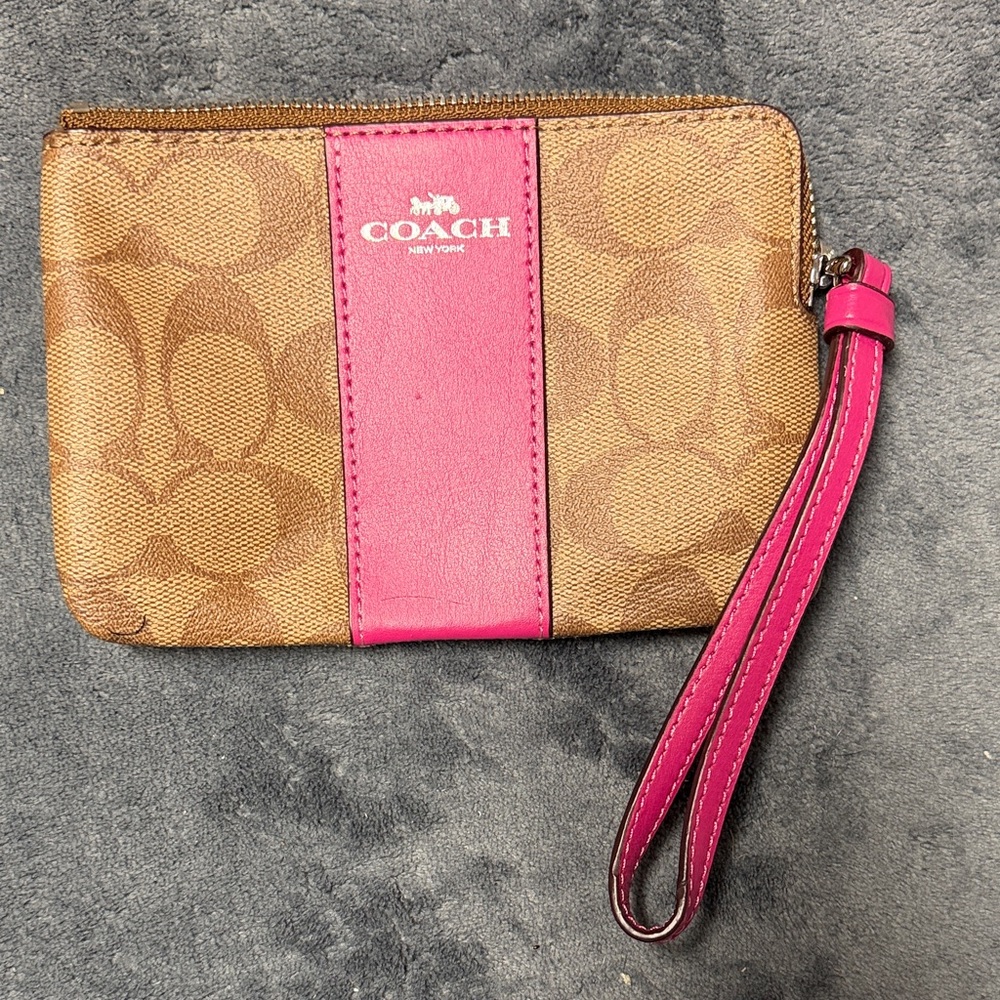Coach Brown Signature Canvas Wristlet with Hot Pink Stripe and Strap